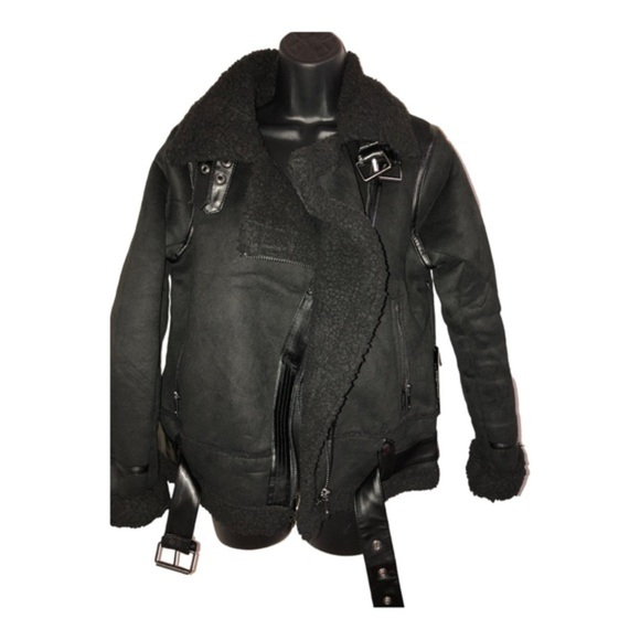 Black moto bomber buckled faux shearling biker jacket coat size small new - Picture 15 of 16